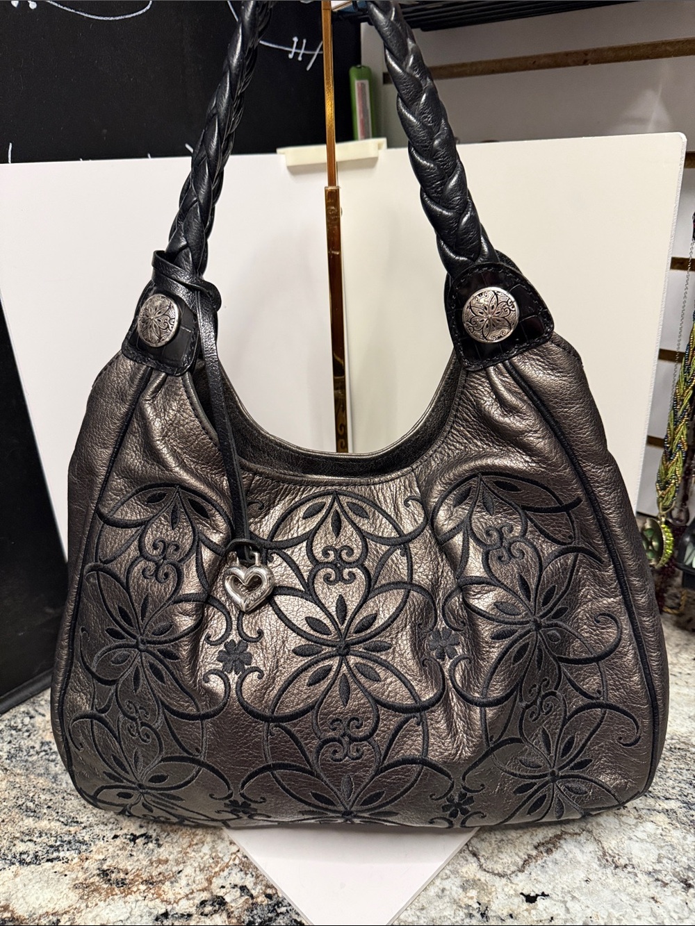 Brighton Florencia Metallic Pewter Floral-Embossed Hobo Bag